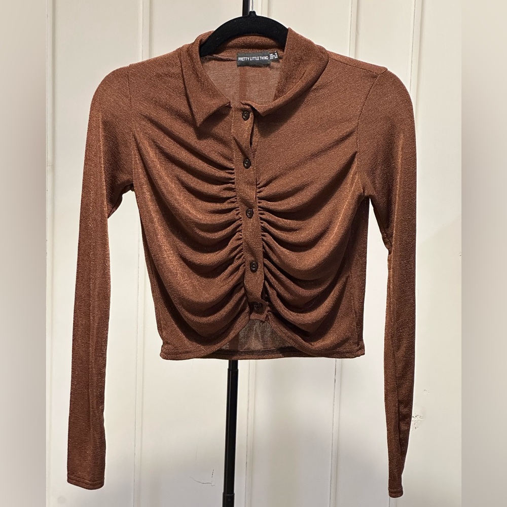 PrettyLittleThing Chocolate Brown Button Down Crop Top